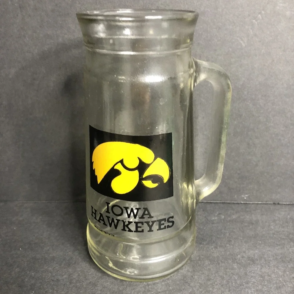 Vintage Iowa Hawkeyes Beer Mug Glass Handled Yellow Black Design 7